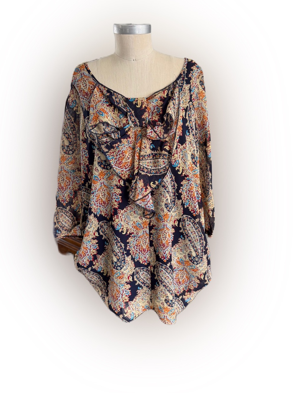 Umgee Women’s navy Blue Lined Paisley Popover Dress. size Large